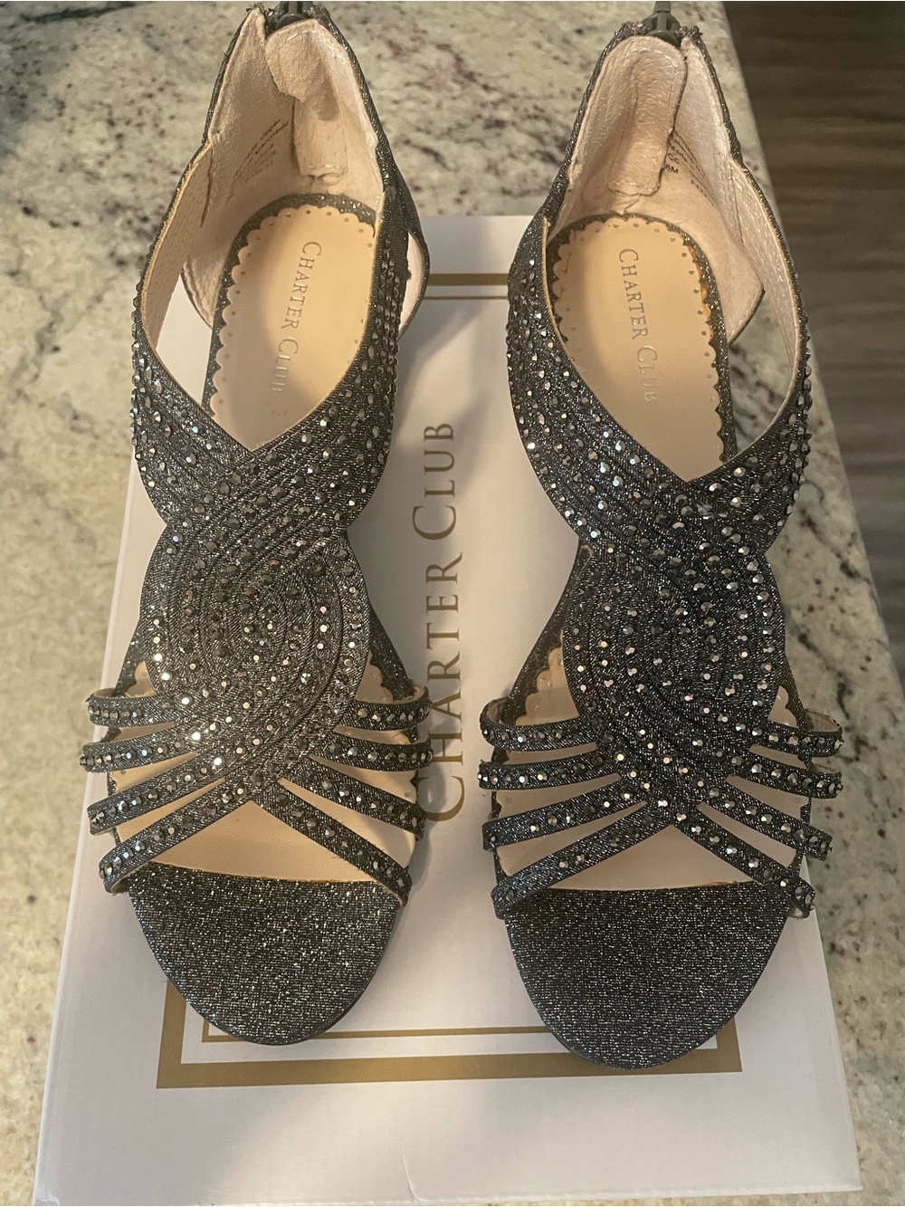 Charter Club Women's Black Glitter Rhinestone Strappy Heels
